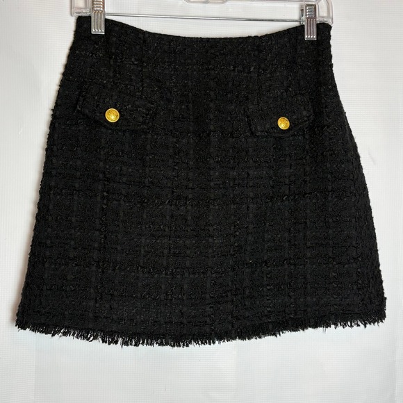 Express Dresses & Skirts - Express Black Tweed Mini Skirt Gold Button Frayed Hem Size 0 Textured Boucle